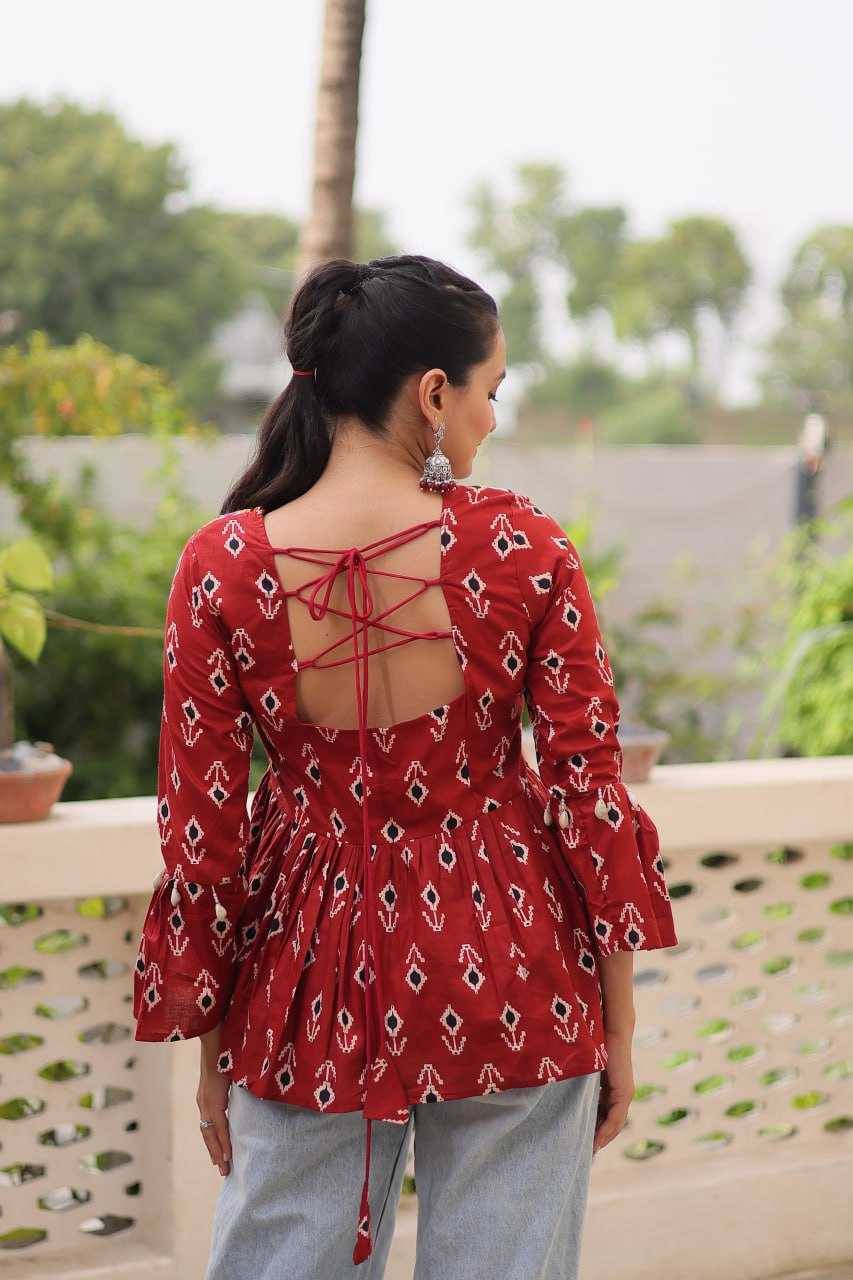 Red Cotton Kurti Print with kutchi Patch-work