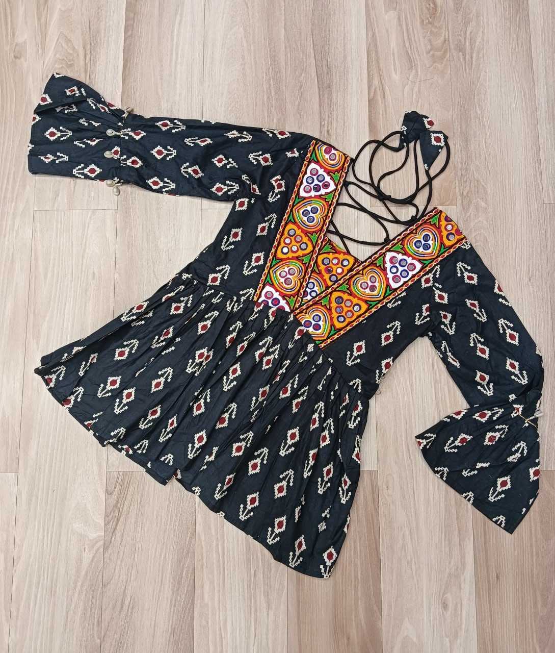 Black Cotton Kurti Print with kutchi Patch-work