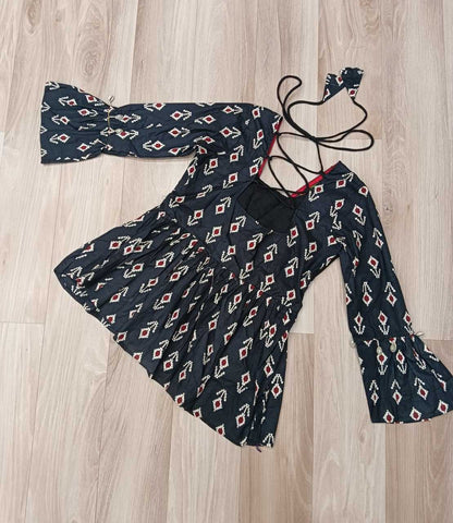 Black Cotton Kurti Print with kutchi Patch-work