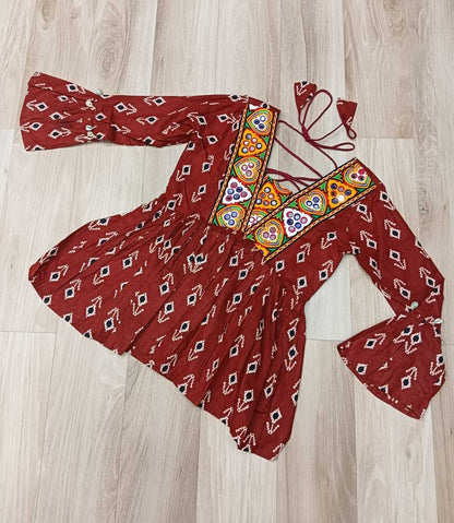 Red Cotton Kurti Print with kutchi Patch-work