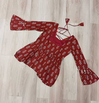 Red Cotton Kurti Print with kutchi Patch-work
