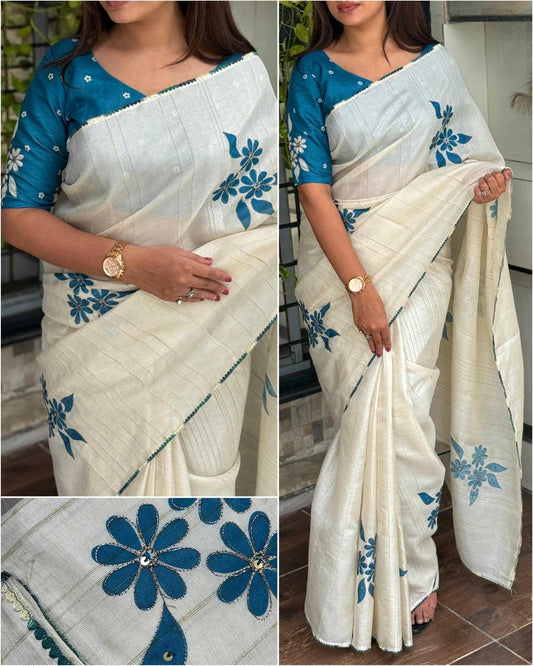 Blue Floral Cotton Linen Saree