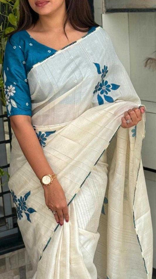 Blue Floral Cotton Linen Saree