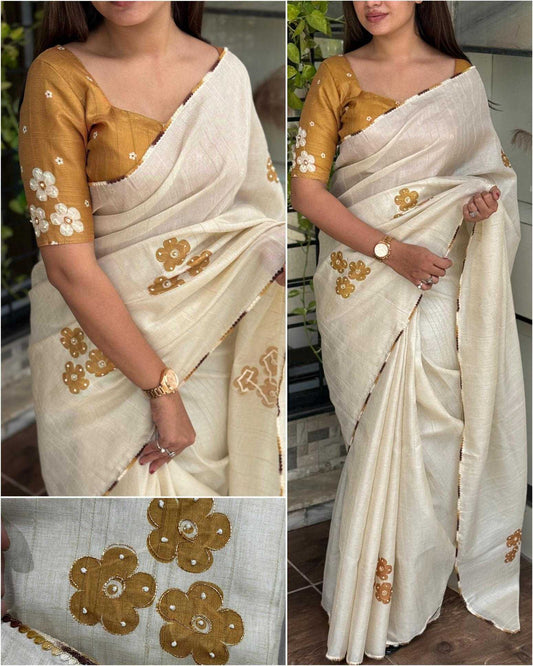 Mustard Cotton Linen Saree