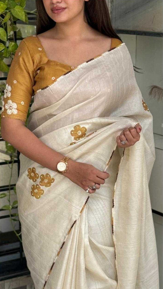 Mustard Cotton Linen Saree