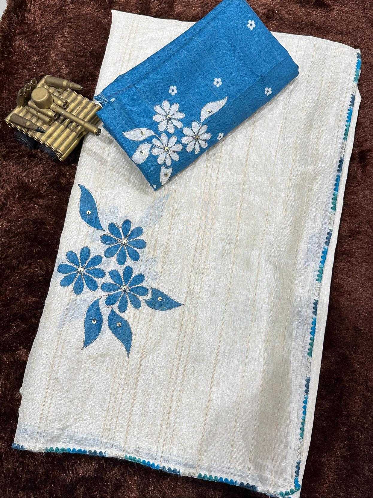 Blue Floral Cotton Linen Saree