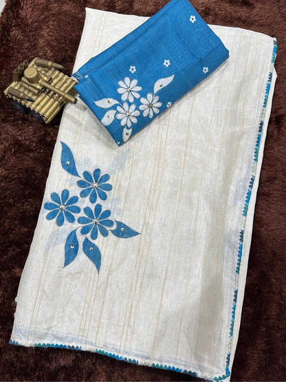 Blue Floral Cotton Linen Saree
