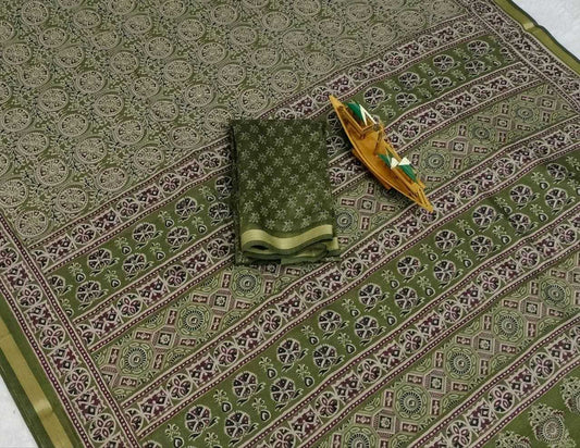Soft Jaipuri Mul Cotton with Beautiful  Ajrakh Design Dark Green
