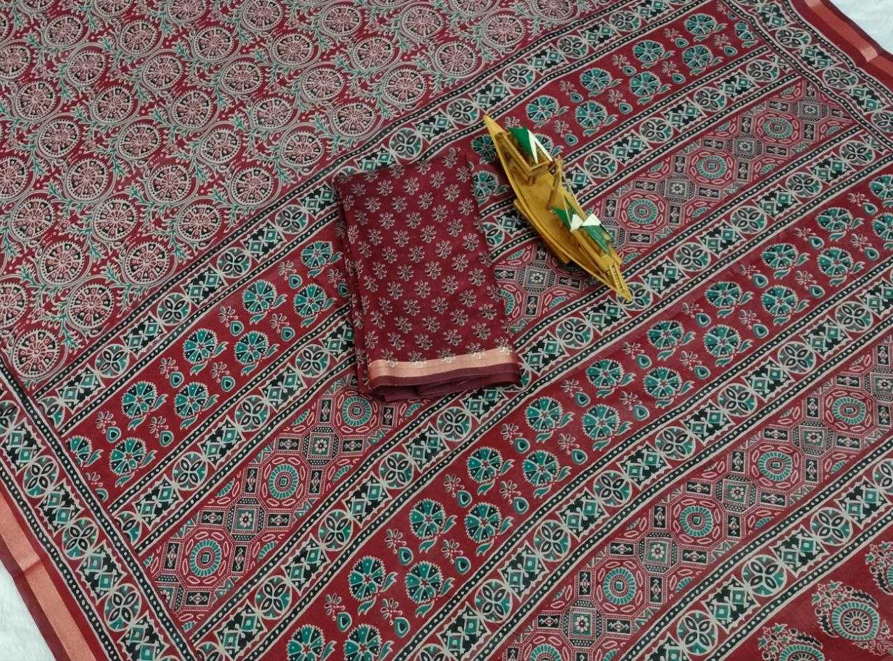 Soft Jaipuri Mul Cotton with Beautiful  Ajrakh Design Maroon