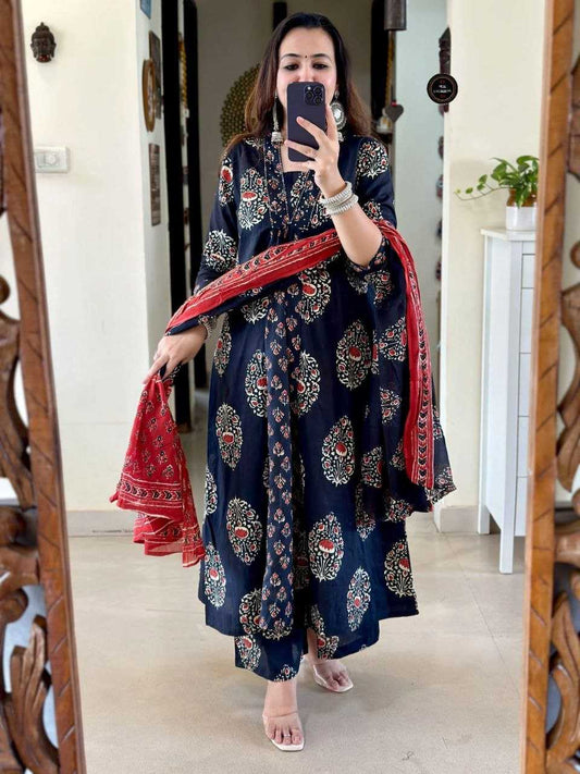 Hand Work Navy Blue Anarkali Kurta Duppata Set