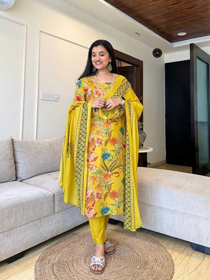 Yellow Color Floral Embroidery Kurti Set