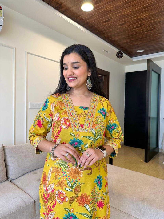 Yellow Color Floral Embroidery Kurti Set