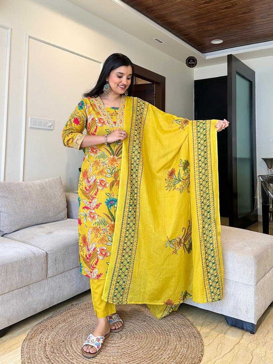 Yellow Color Floral Embroidery Kurti Set