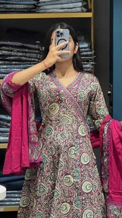 Pink Anarkali set with Block type print