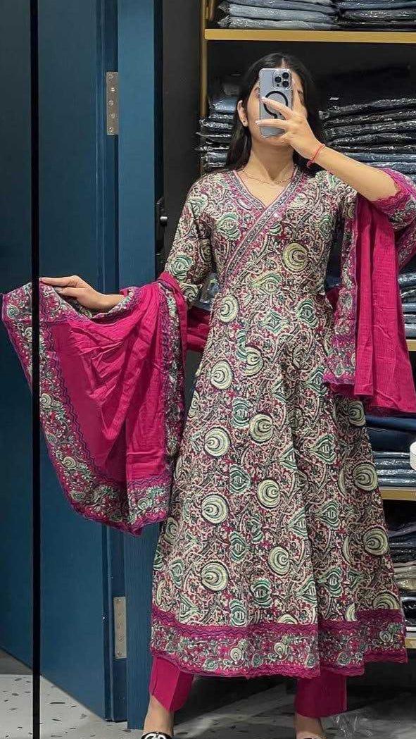 Pink Anarkali set with Block type print
