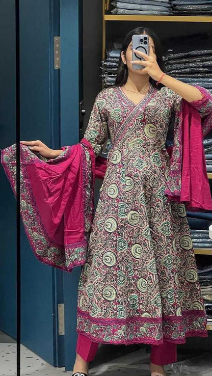 Pink Anarkali set with Block type print