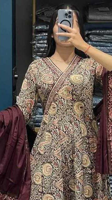 Brown Anarkali set with Block type print