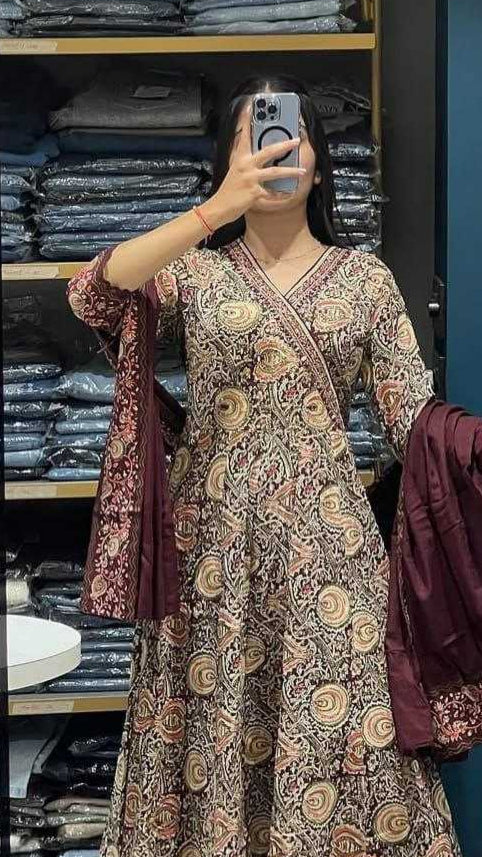 Brown Anarkali set with Block type print