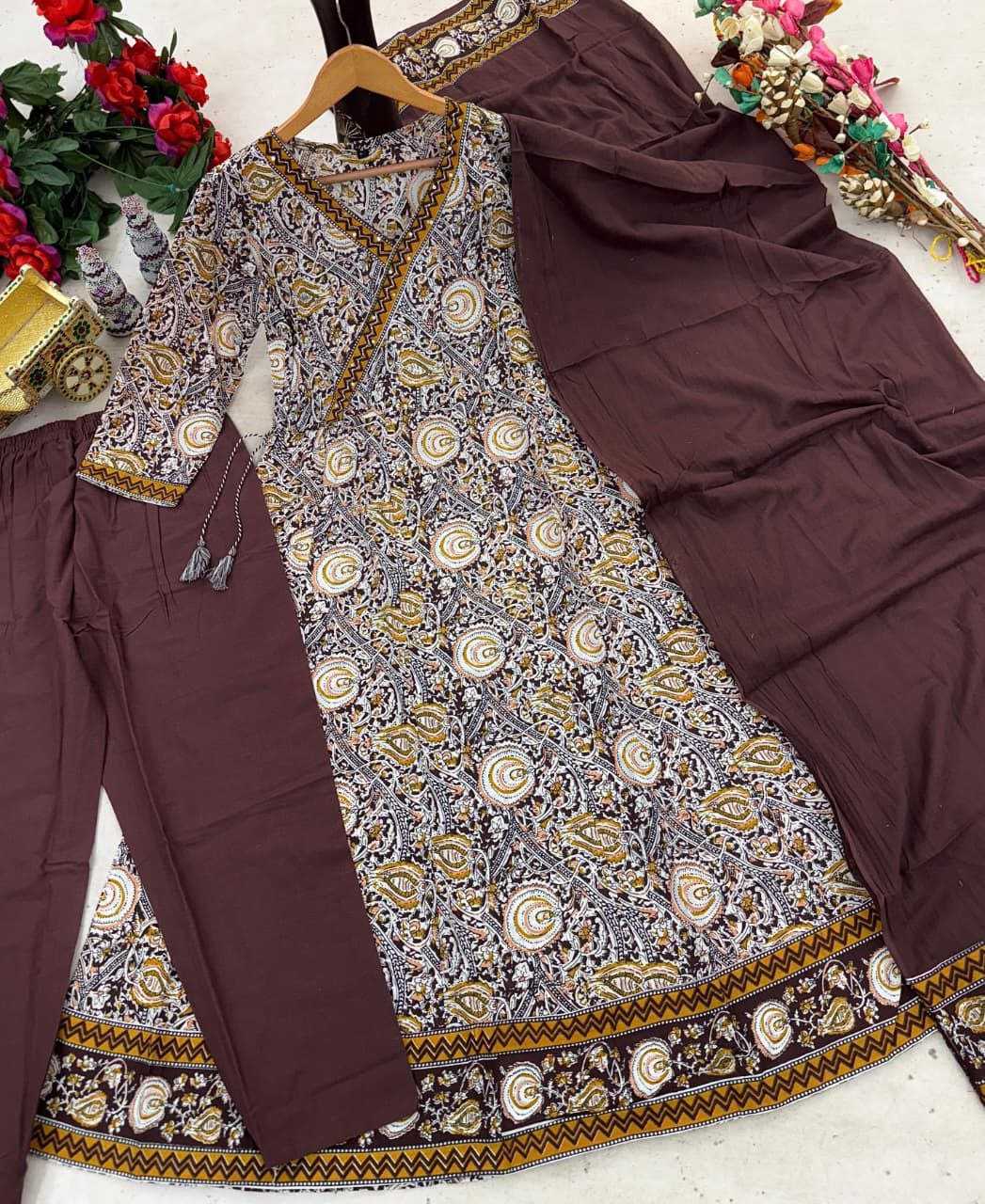 Brown Anarkali set with Block type print