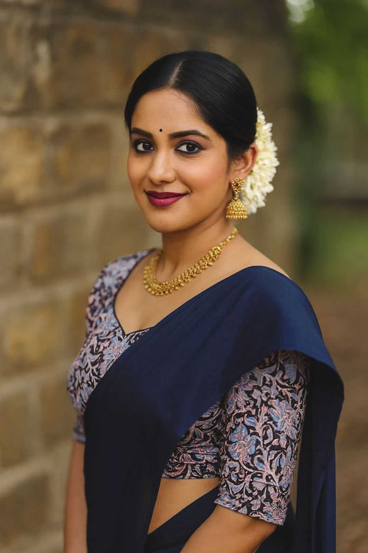 Mul kashmiri Blue cotton saree with  latkan and soft silk with kalamkari print