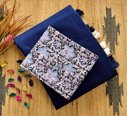 Mul kashmiri Blue cotton saree with  latkan and soft silk with kalamkari print