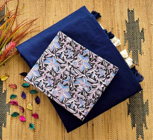 Mul kashmiri Blue cotton saree with  latkan and soft silk with kalamkari print