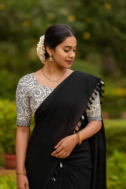 Mul kashmiri Black cotton saree with  latkan and soft silk with kalamkari print