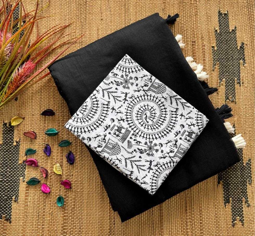 Mul kashmiri Black cotton saree with  latkan and soft silk with kalamkari print