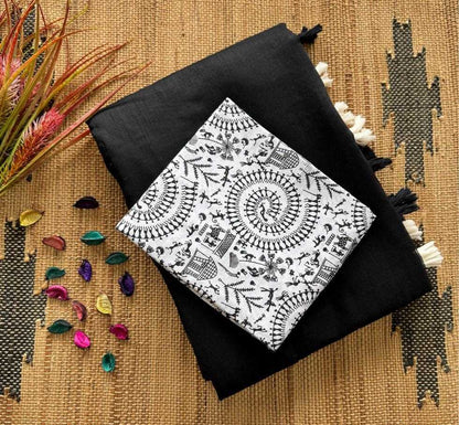 Mul kashmiri Black cotton saree with  latkan and soft silk with kalamkari print