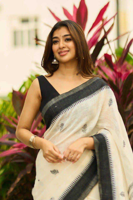 Off White Cotton Linen Jacquard Saree