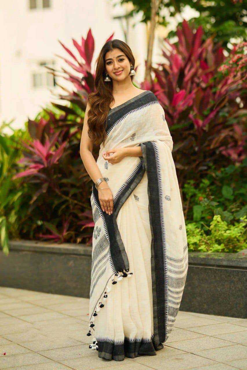 Off White Cotton Linen Jacquard Saree