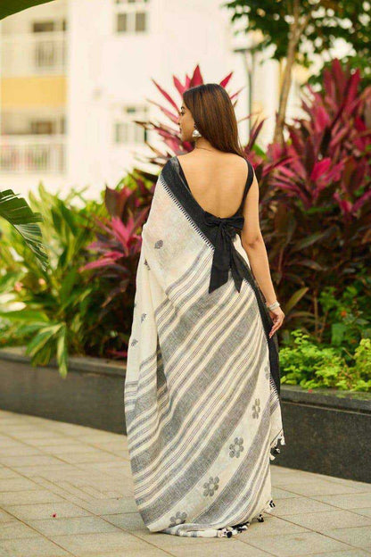 Off White Cotton Linen Jacquard Saree