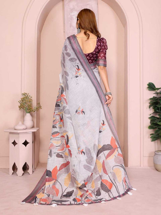 Soft Grey base with Multicolor Autumn Leaf Print and Wine-Black-White Geometric Border