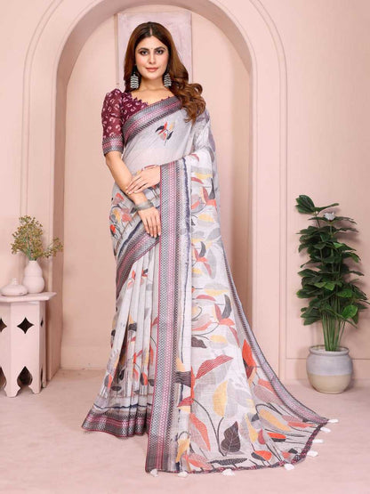 Soft Grey base with Multicolor Autumn Leaf Print and Wine-Black-White Geometric Border