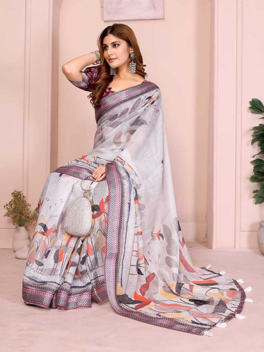 Soft Grey base with Multicolor Autumn Leaf Print and Wine-Black-White Geometric Border