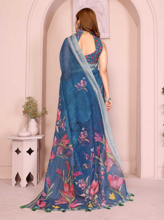 Deep Teal base with Multicolor Floral Print and Green-White-Blue Striped Border