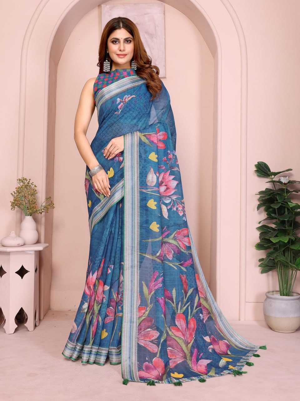 Deep Teal base with Multicolor Floral Print and Green-White-Blue Striped Border