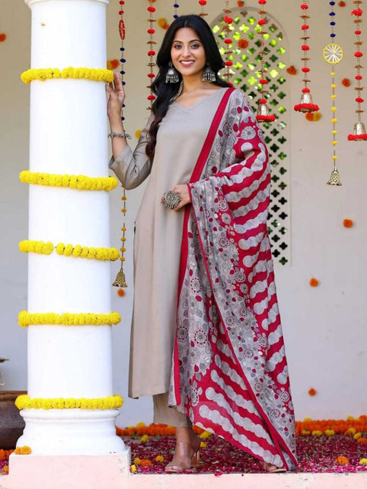 Grey Cotton-Slub Floral Kurti Set