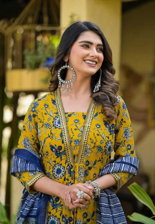 Yellow Floral  Casual Cotton Blend Kurti