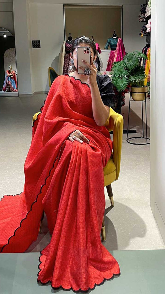 Gadhawal Chex Arca Work Red Cotton Saree
