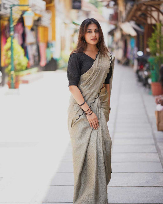 Gadhawal Chex Arca Work Grey Cotton Saree