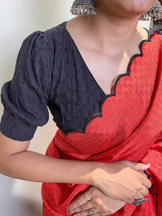 Gadhawal Chex Arca Work Red Cotton Saree