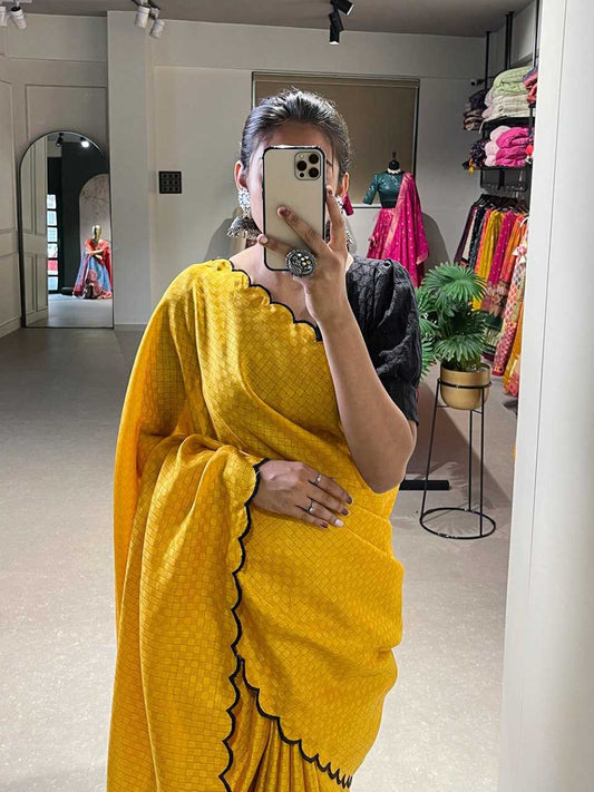 Gadhawal Chex Arca Work Yellow Cotton Saree
