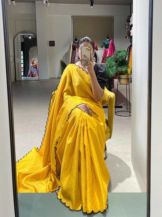Gadhawal Chex Arca Work Yellow Cotton Saree
