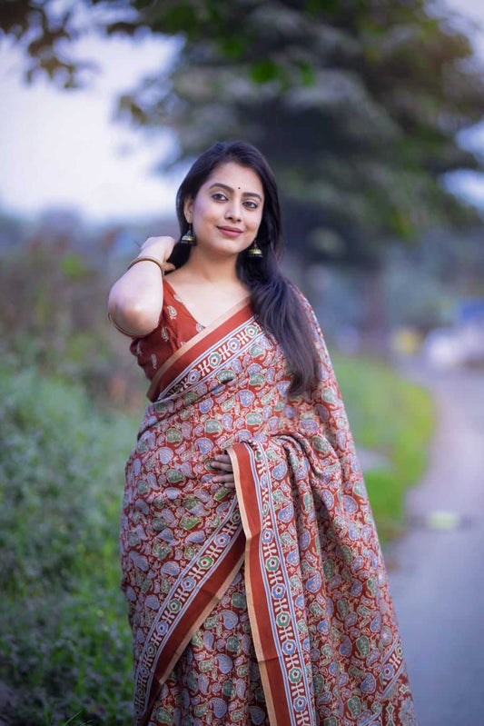 Orange color Cotton Saree with Ajrakh Print