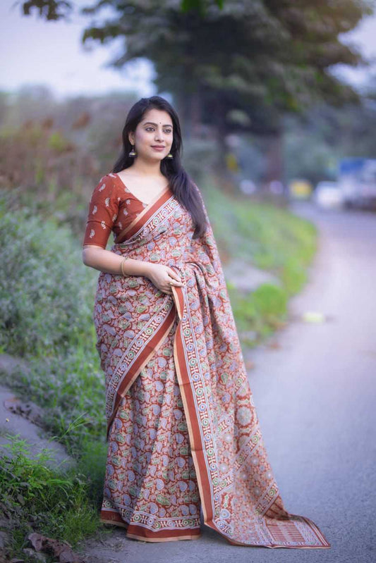 Orange color Cotton Saree with Ajrakh Print