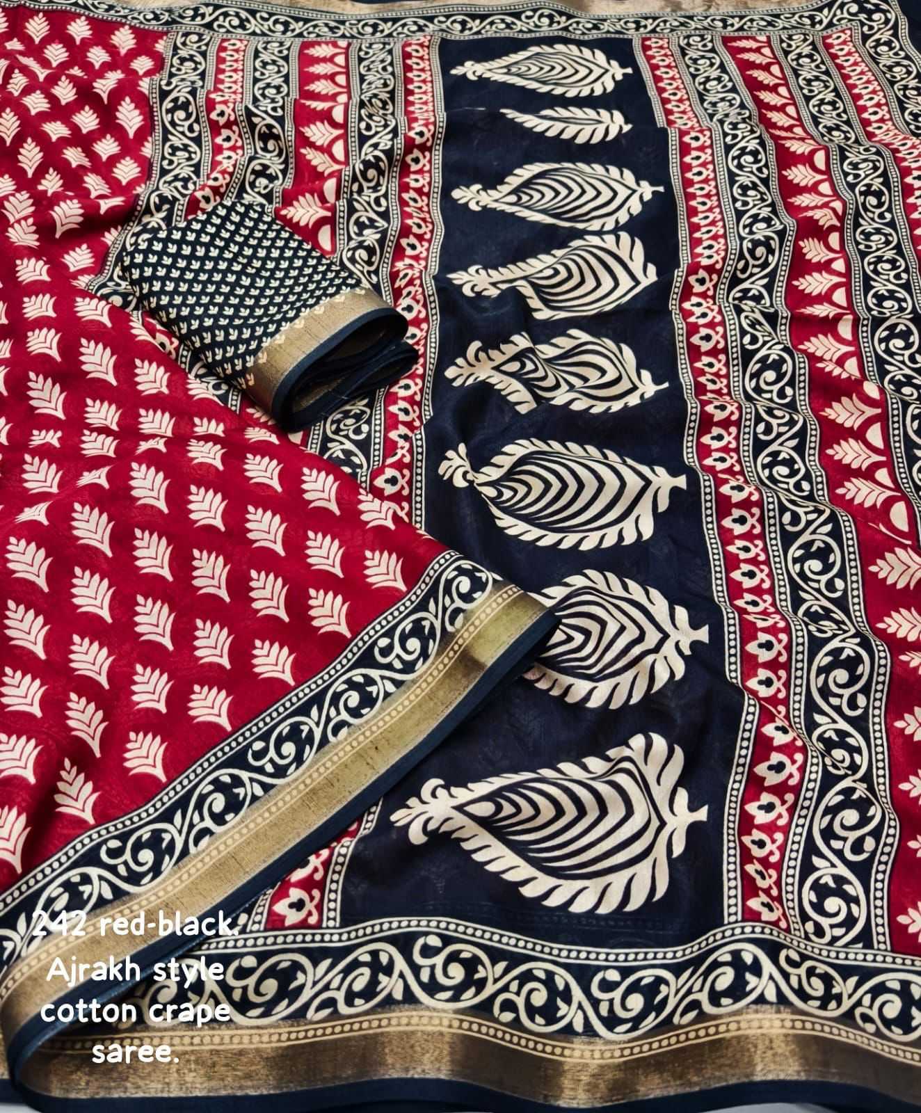 Red Color Cotton Linen Saree with Ajrakh Print