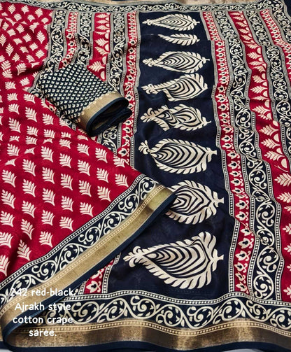 Red Color Cotton Linen Saree with Ajrakh Print