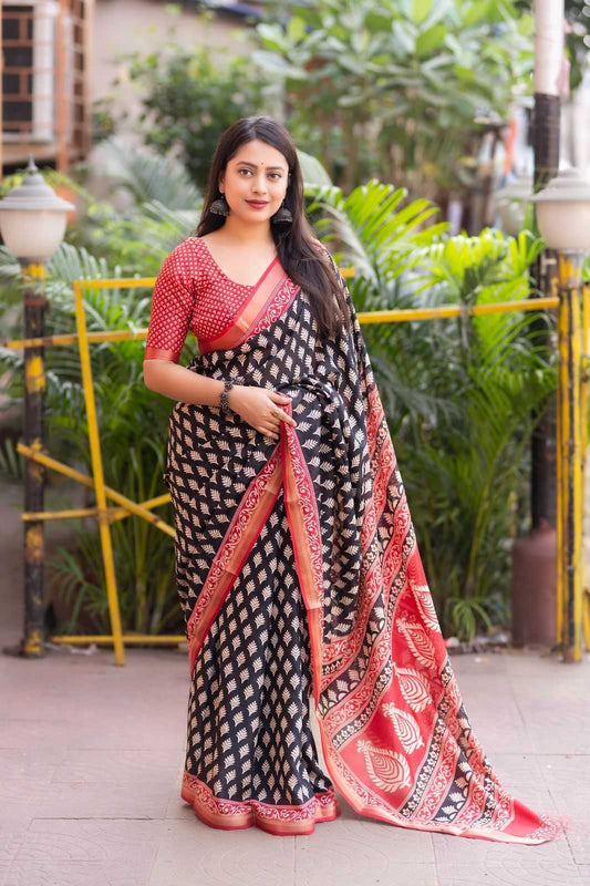 Black Color Cotton Linen Saree with Ajrakh Print