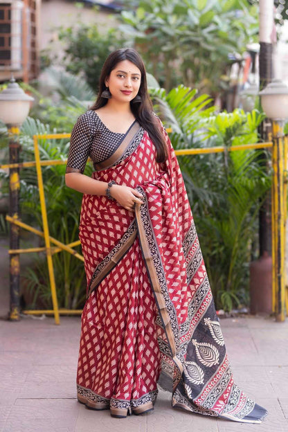 Red Color Cotton Linen Saree with Ajrakh Print